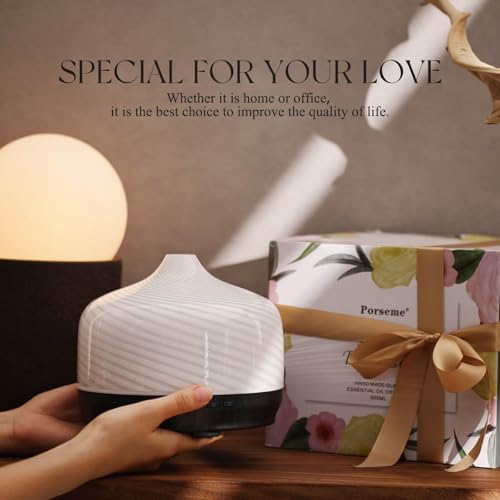 Porseme 500ml Glass Essential Oil Diffuser Aromatherapy Ultrasonic Cool Mist Humidifier 15-21 Running Hours Waterless Auto-Off Air Diffusers for Sleeping Yoga Working Spa(Pure White)