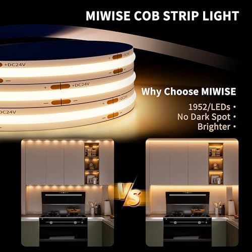 MIWISE COB LED Strip Light 20ft/6.1m,CRI 90+ Warm White 2700K High Lumen Dimmable Super Bright Flexible DC24V LED Tape Light with Controller/Dimmer,for Cabinet Home Office DIY Lighting Projects