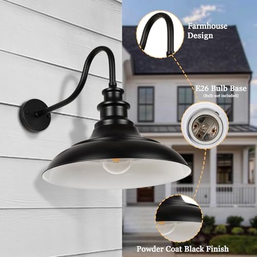 Exterior Farmhouse Gooseneck Barn Light, 16 Inch Vintage Outside Garage Light Fixtures, 2PCS Anti-Rust Waterproof Outdoor Light for Patio Frontdoor Entryway Doorway, Matte Black