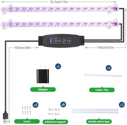 RWNTAO Two Strip Growing Lamp for Indoor Plants, Red & Blue & Yellow Full Spectrum LED Grow Light Strips with Auto ON/Off 3/9/12H Timer,10 Dimmable Levels for Green House Succulent (2 Head 13 in)