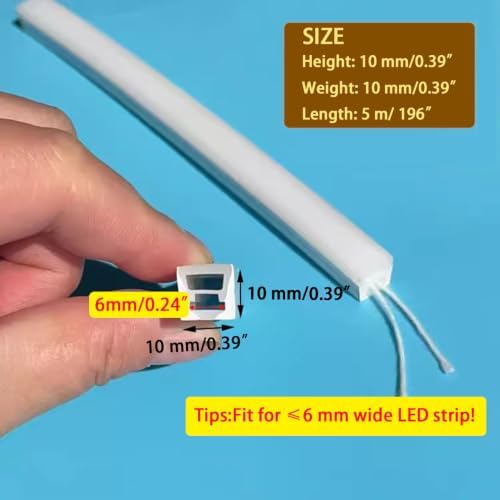 196inch Silicone LED Diffuser Channel, Flexible Waterproof Neon Rope Strip Light Tube Silicone Cover for 6mm Wide Led Strip Lights (10 x 10mm)