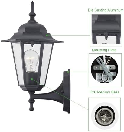 WISBEAM Outdoor Wall Lantern, Black Wall Sconce for House Porch Lighting Fixture, E26 Base 60W Max, Metal Housing Plus Glass, Wet Location Rated, ETL Qualified, Bulbs not Included