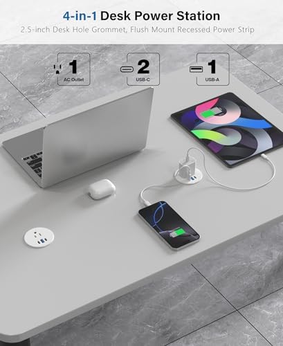 2.5 inch Power Grommet,20W USB-C Charging,1 Outlet with 2 USB C,1 USB Port,Furniture Flush Mount for Desktop,Recessed Power Strip,Workspace Essential Desk Outlet (White, 6 FT)