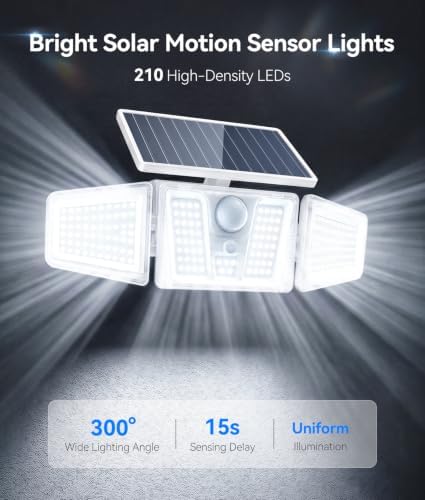 KOOPER Solar Flood Lights, 210 LED Motion Sensor Outdoor Lights, Solar Motion Lights Outdoor Waterproof, 3 Heads 300° Wide Angle Outdoor Security Lights for Yard Patio Garage Entryways, 2 Pack, White