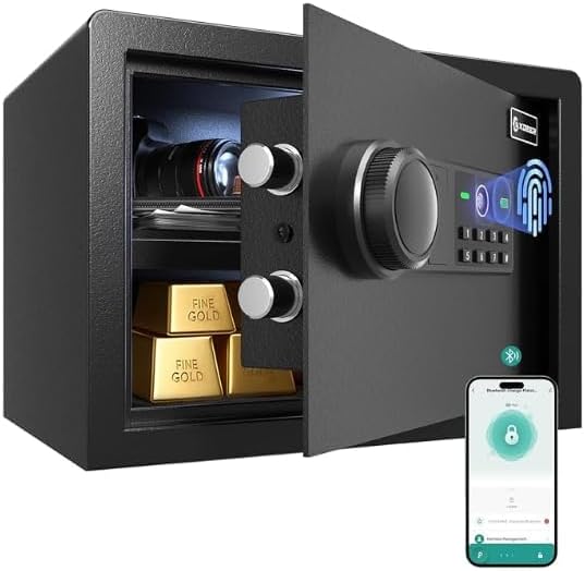 XDeer Biometric Safe Box, 0.78 Cuft Small Safe with 4 Unlocking Ways | Fingerprint/Backlit Keypad/Keys/APP, LED Light, Silent Mode, Adjustable Shelf, Smart Home Safe for Cash/Jewelry/Documents