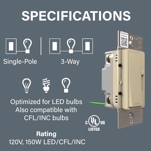 Legrand Radiant 150W LED Dimmer Light Switch 3-Way Rocker Ivory 1 Pack