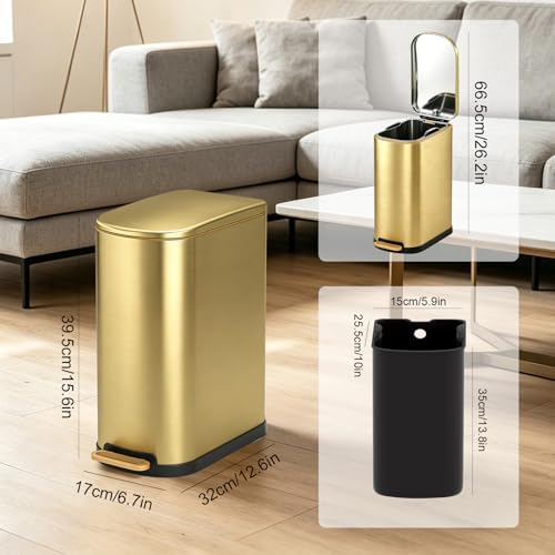 SYNCVIBE Slim Bathroom Trash Can with Soft Close Lid, 3.5 Gal, Gold