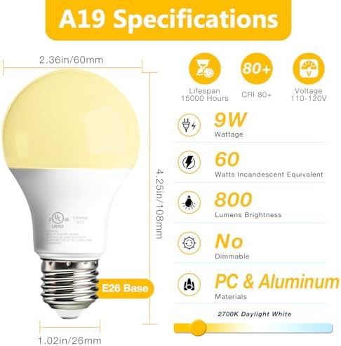 dalattin 12 Pack A19 LED Bulbs,9W Equivalent 60 Watts,E26 Base,Soft White 2700K, 800 LM, Non-Dimmable, Efficient Energy Saving Lights for Living Room,Office,80+ CRI,120V, UL Listed