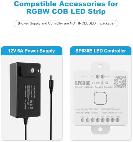 RGBW COB LED Strip Light 20ft RGB+2700K 12V Color Changing UL-Listed LED Light Strip Multicolored Flexible RGB Lights for Party Decoration Home DIY Lighting Projects(NO Adapter or Controller)