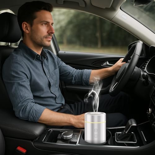 SEEDSEEL 100ML Car Essential Oil Diffuser, Rechargeable Battery Powered, Cordless Portable Aromatherapy Diffuser with 7 LED Color Lights 2 Timer Modes for Car Room Home Office (Silver)