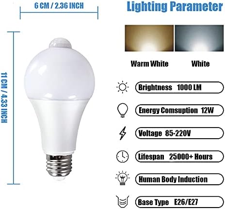KLED Motion Sensor Light Bulbs, 12W 1000 Lumen, Smart LED Light Bulbs, PIR Built-in, Motion Activated Dusk to Dawn Light Bulb Night Lights for Hallway Porch Garage Basement (6000K-Cool White)