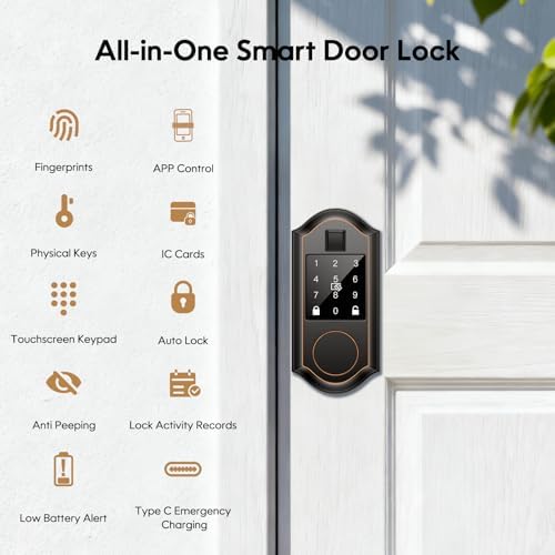 Fingerprint Smart Door Lock with Keypad, Smart Front Door Locks Keyless Entry Door Lock, Smart Lock with APP Control, Front Door Lock with Deadbolt, Touchscreen, Auto-Lock, Oil Rubbed Bronze
