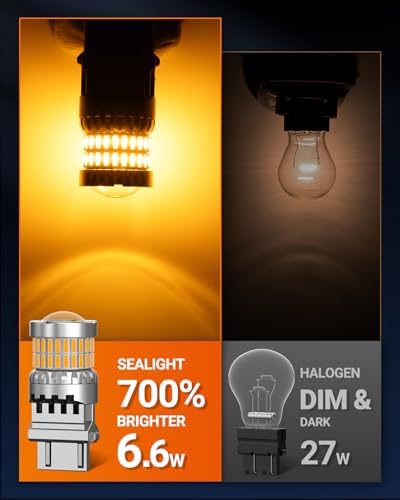 SEALIGHT Turn Signal Light Bulbs, 3157 LED Bulb Amber, 700% Brighter 3157A 3156 3057 4157 LED Bulb 57-SMD LED Chipset with Projector Len & Load Resistor for Turn Signal Light, Parking Light, 2Pcs
