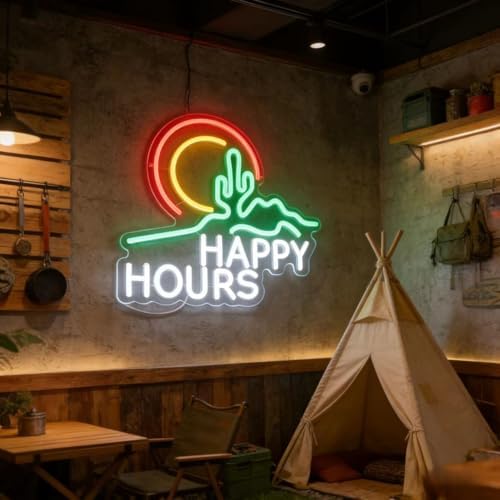 Happy Hours Neon Sign, USB 5V Powered LED Silicone Strip Neon Light, Acrylic Board Wall Decor for Bar Pub Man Cave Home Party, Non-Waterproof Indoor Use Only