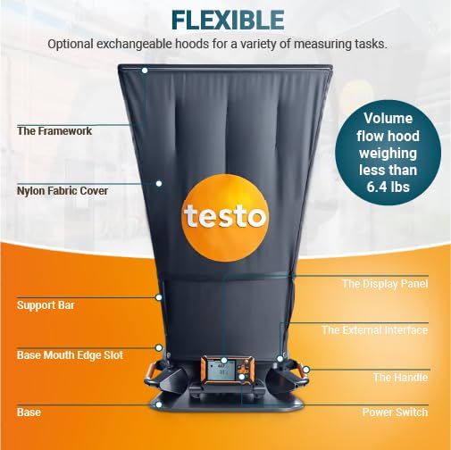 Testo 420 Flow Hood – Airflow Meter HVAC for Air Velocity, Volume Flow, Temperature & Relative Humidity – CFM Meter for Airflow HVAC with Tiltable Display, Bluetooth, and App Compatibility