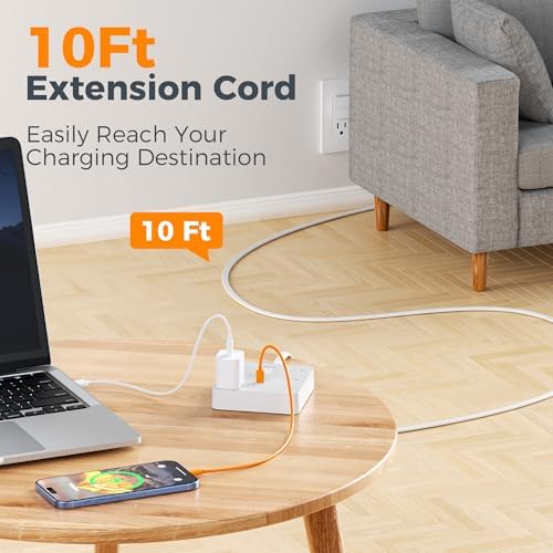 TESSAN Surge Protector Power Strip, 10Ft Flat Plug Extension Cord, White