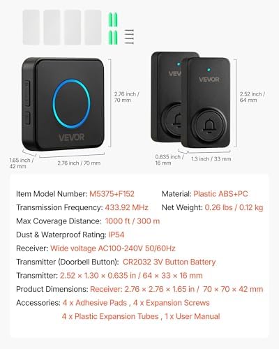 VEVOR Wireless Doorbell Kit, IP54 Waterproof Door Chime Ranges up to 1000 ft, 5 Adjustable Volumes, 48 Ringtones, Easy Installation, Wireless Doorbell Ideal for Home, Doorway, Classroom, Office, Black
