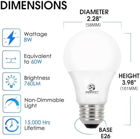 Energetic 60W Equivalent, A19 LED Light Bulb, 2700K Soft White, E26 Medium Base, Non-Dimmable LED Light Bulb, 8W 760lm, ETL Listed 6 Pack