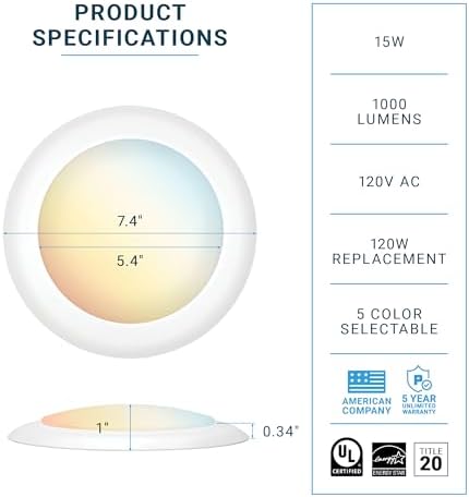 PARMIDA (4 Pack) 5/6 Inch Dimmable 5CCT LED Disk Lights, 15W Flush Recessed Ceiling Disc Lighting 5 Color Selectable 2700K/3000K/3500K/4000K/5000K 1050lm, J-Box Or Recessed Can Installation, UL-Listed