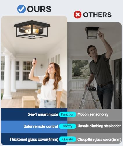 Motion Sensor Outdoor Ceiling Light with Remote, 8.5 Inch Matte Black Flush Mount Porch Light Fixture with United Glass Cover, 5 Modes Outside Flush Mount Light for Porch, Garage, Patio, Entryway