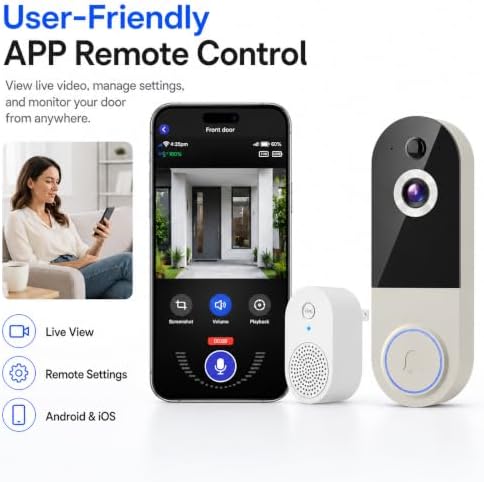 Wireless Video Doorbell Camera with Receiver, 1080P Battery Powered