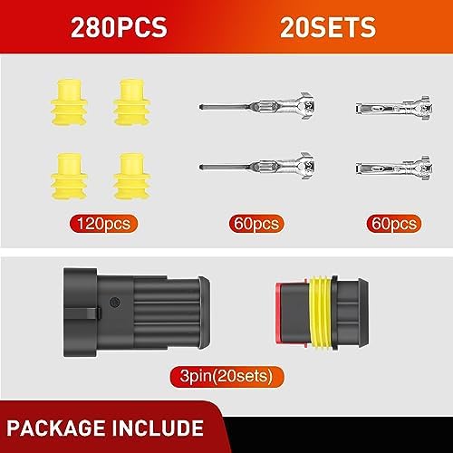 Nilight 280PCS 3 Pin Electrical Connector Plug with Male Female Terminals