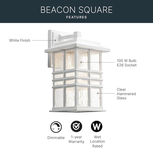 Kichler Beacon Square 14.25" Outdoor Wall Light in White, 1-Light Exterior Wall Sconce with with Clear Hammered Glass, (14.25" H x 8" W), 49830WH