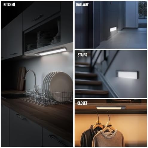2 Pack Under Cabinet Lighting, 3 Colors & Dimmable Motion Sensor Light Indoor, 900mAh Rechargeable Under Cabinet Lighting Magnetic for Kitchen, Stairs, Closets, Silver(Aluminum Alloy+ABS +PC)