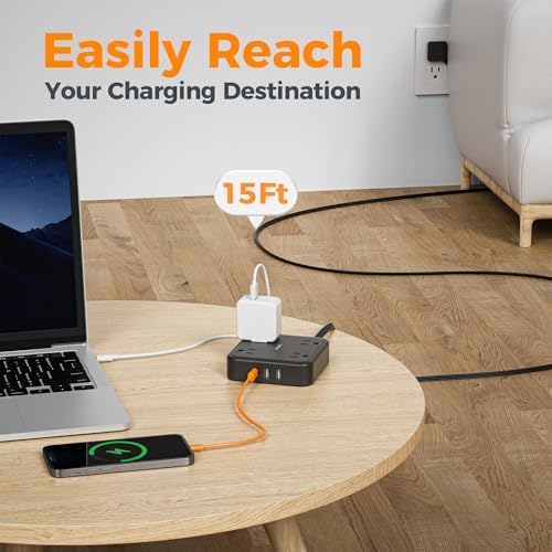 TESSAN Surge Protector Flat Extension Cord 15Ft, Flat Plug Power Strip