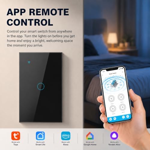Smart Switch for Light 1 Gang, 2.4GHz Wi-Fi Switch Compatible with Alexa and Google Home,Voice Control, Remote Control, Timer & Schedule UL Certified, No Hub Required