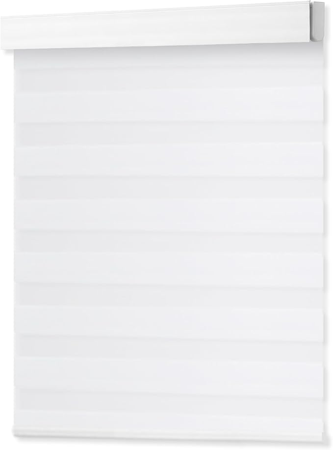DENFOON Motorized Zebra Blinds, Solar Powered Dual Layer Automatic Shades with Remote Control, Rechargeable Smart Blinds Horizontal Wireless Electric Shades for Windows. White, 52 x 72