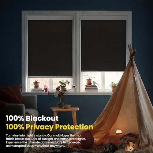 Motorized Blinds No Drill Automatic Blinds for Windows Cordless Roller Shades Electric Blinds with Remote Control Smart Blinds (Black, 31 x 72)