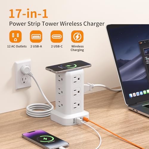 Extension Cord with Multiple Outlets, SMALLRT Power Strip Tower, 10FT Outlet Extender with 12 AC Outlets 4 USB, Power Strip with USB Ports for Home Office Dorm Room,Overload Protection