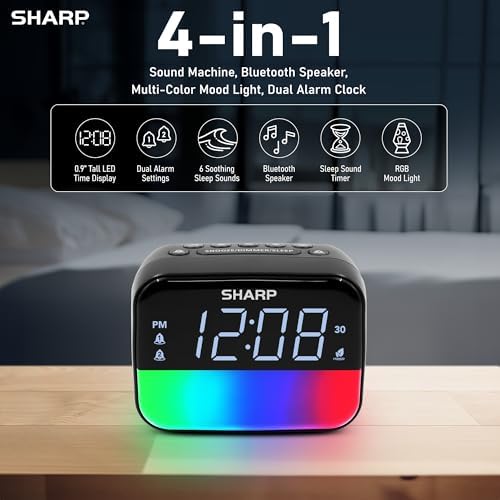Sharp RGB Alarm Clock with Bluetooth Speaker, Sleep Sounds, Night Light