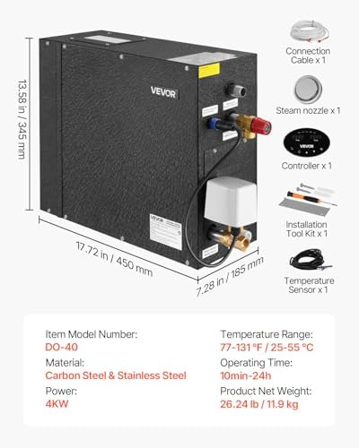VEVOR Steam Generator, 4 kW Steam Shower System with Controller for Home Sauna & Spa, Commercial Auto Drain Kit with Overheat, Dry-Run & Overpressure Protection, 10min to 24h Timer, Black