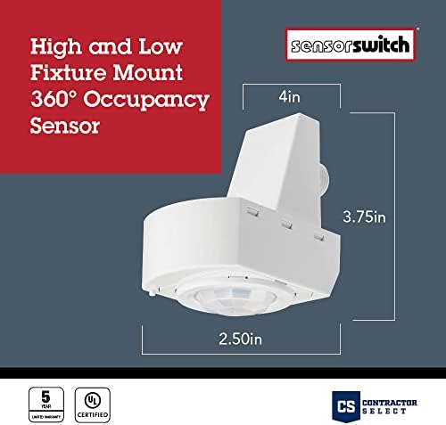 SensorSwitch Line Voltage Fixture Mount Occupancy Sensor, Indoor PIR Motion Sensor Light Control for Commercial Ceiling Lights, MVOLT 120–277V, High & Low Mount 360º Motion Detection