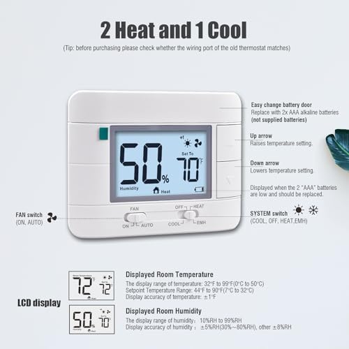 Aowel 2 Heat/ 1 Cool Non-Programmable Thermostat for Home Heat Pump System and Conventional Single-Stage System, with Room Temperature & Humidity Monitor (White Backlit Screen)