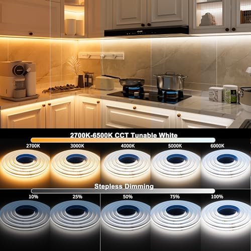 MIWISE CCT COB LED Strip Light Tunable White,20ft/6.1m Dimmable 2700K-6500K CRI90+ 24V LED Tape Light Kit,Compatible with Alexa/Google Assistant/Tuya,for Under Cabinet Bedroom Kitchen DIY Lighting