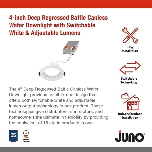 Juno 4" Canless Wafer LED Light, 5-in-1 CCT, Deep Regressed Baffle Trim