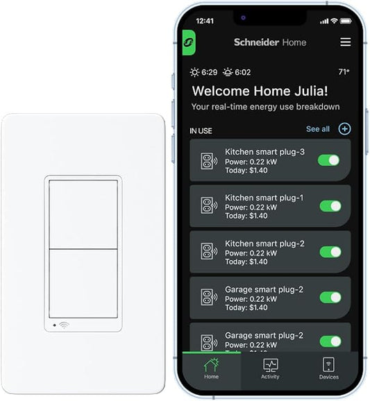 Square D by Schneider Electric X Series 15 Amp WiFi Energy Monitoring Light Switch, Single-Pole/3-way, 600 Watt, Rocker, Matter Certified, Works with Alexa, Google Home, Apple Home, Matte White