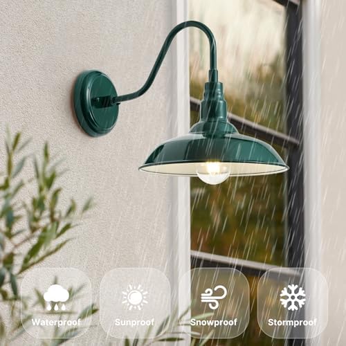 10in Outdoor Gooseneck Barn Light Wall Mount, Green Exterior Farmhouse Porch Lights with White Interior Small Dome Outdoor Patio Gooseneck Wall Sconce Garage Lighting for House, Cabin