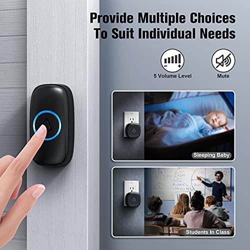 SECRUI Doorbell, Wireless Doorbell with 2 Receivers Easy installation, Adjustable Volume, 58 Chimes, Colorful LED, 1000Ft Range, M520+F55, Black (Pack of 2)