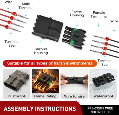 Nilight 284PCS 1 2 3 4 Pin Waterproof Automotive Electrical Connector Kit