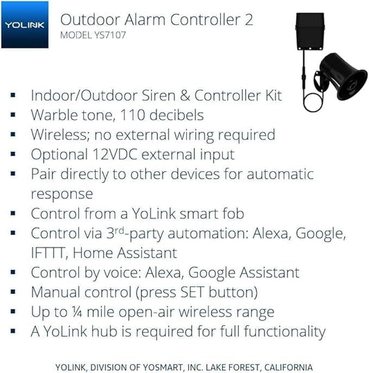 Outdoor Alarm Controller 2 and SirenFob Kit, Battery-Powered Siren/Alarm/Relay Controller, 12VDC Out, Up to 1/4 Mile Open-Air Range, 110dB Siren Included, YoLink Hub Included