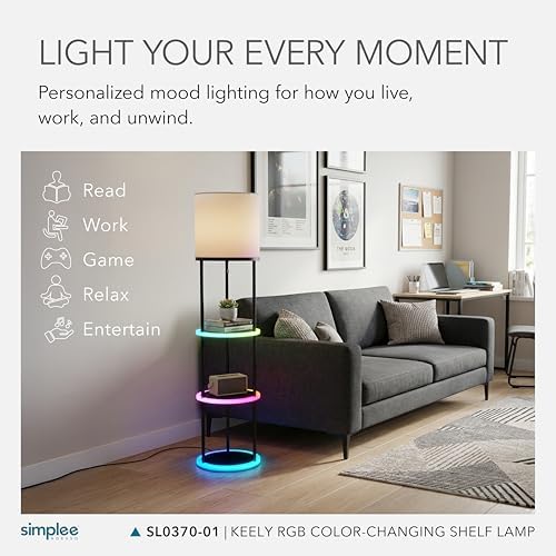 Adesso Smart Floor Shelf Lamp - Three Shelves for Modern Home Decor, Linen Drum Shade, App-Controlled Accent Lighting with E26 Bulb Socket & Integrated LED Lights, 57" Tall