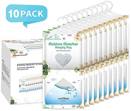 CANAGER Hanging Moisture Absorber-10 Packs, Hanging Dehumidifier Bags for Closet,Bedroom and kitchen,Fragrance Free,Moisture Absorb 12.5OZ