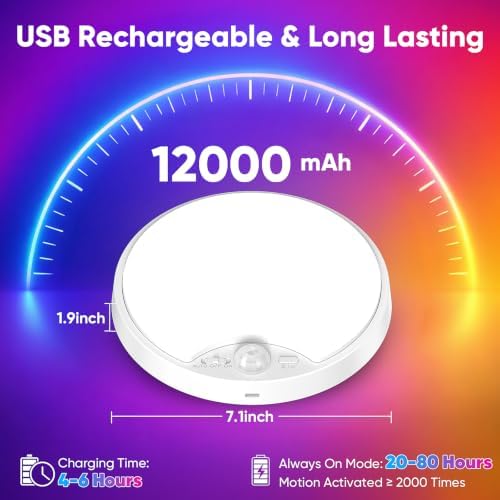 Rechargeable Motion Sensor Ceiling Light, 12000mAh RGB Battery Closet Light