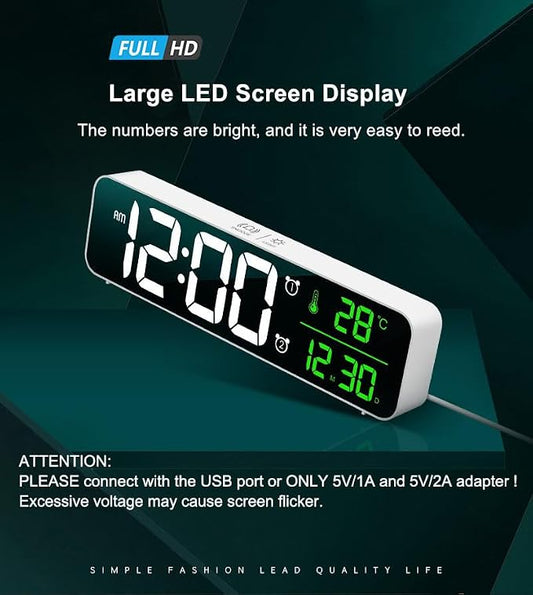 Digital Clock, Clock for Bedroom, Clocks for Living Room Decor, Desk Table Clock, Alarm Clock Large Display with Date Week Temperature, Automatic Brightness Dimmer, Smart Cool Modern (White green)