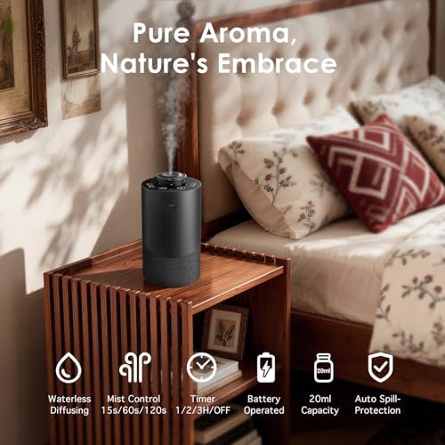 Waterless Essential Oil Diffuser for Home - Cordless Car Scent Diffuser with 3 Timer & 3 Mist Level Settings - 2000mAh Battery Operated Scent Air Machine for Room Office Hotel (Silver)
