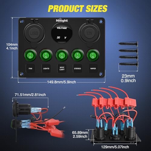 Nilight 5 Gang Multi Function Waterproof Switch Panel Green
